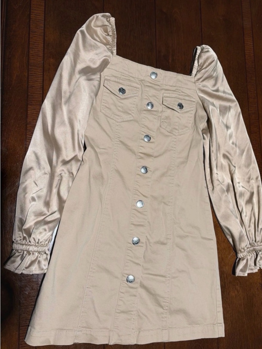 Beige Button-Front Mini Dress with Satin Puff Sleeves